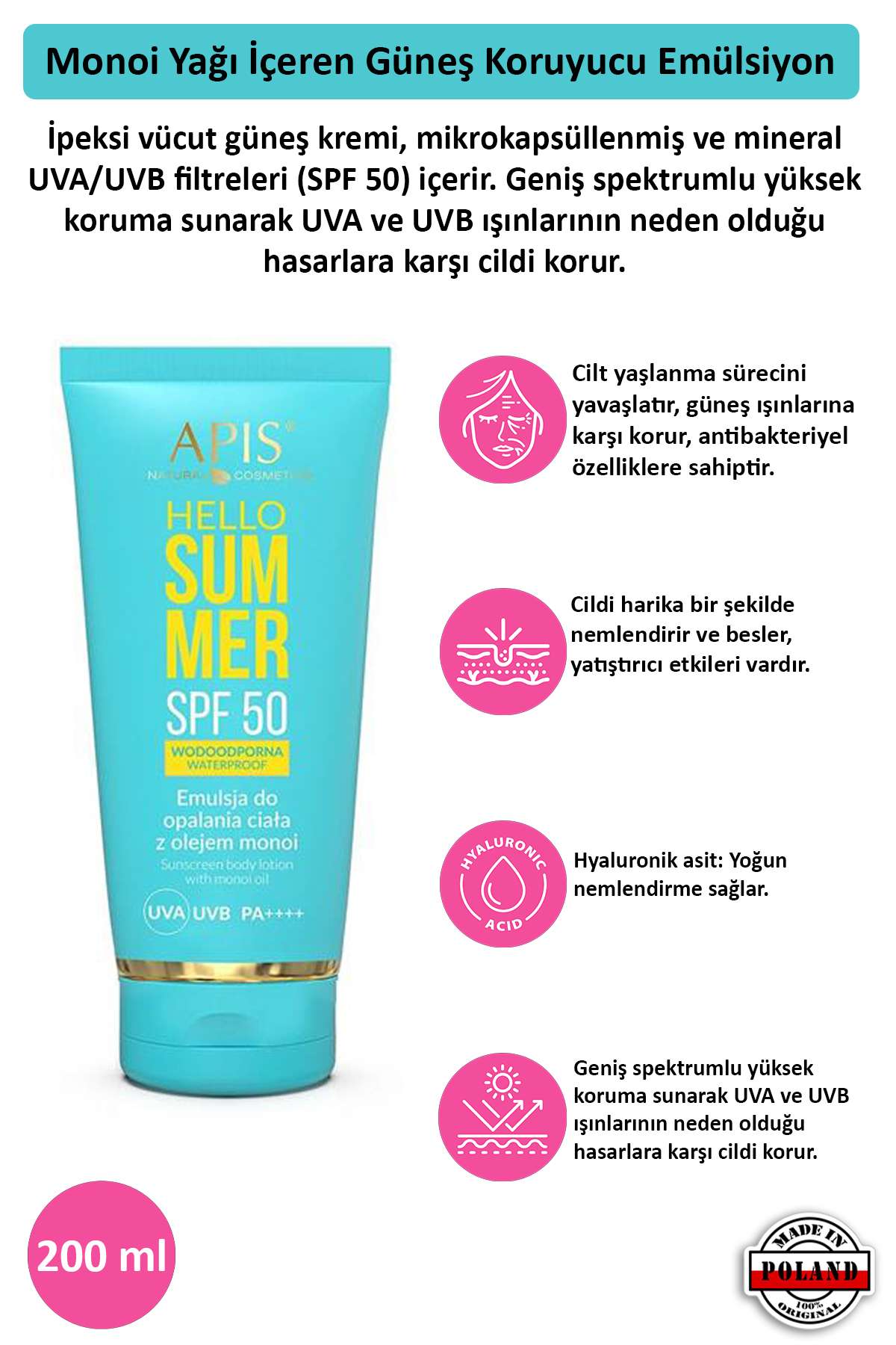 Apis Natural Cosmetics Güneş Kremi  Spf 50 Monoi Yağlı - 200Ml