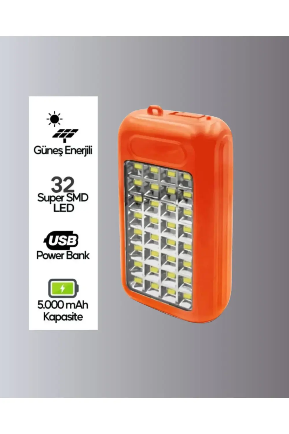 Güneş Paneli ile Şarj Olan 32 LED’li Powerbank Cihazı