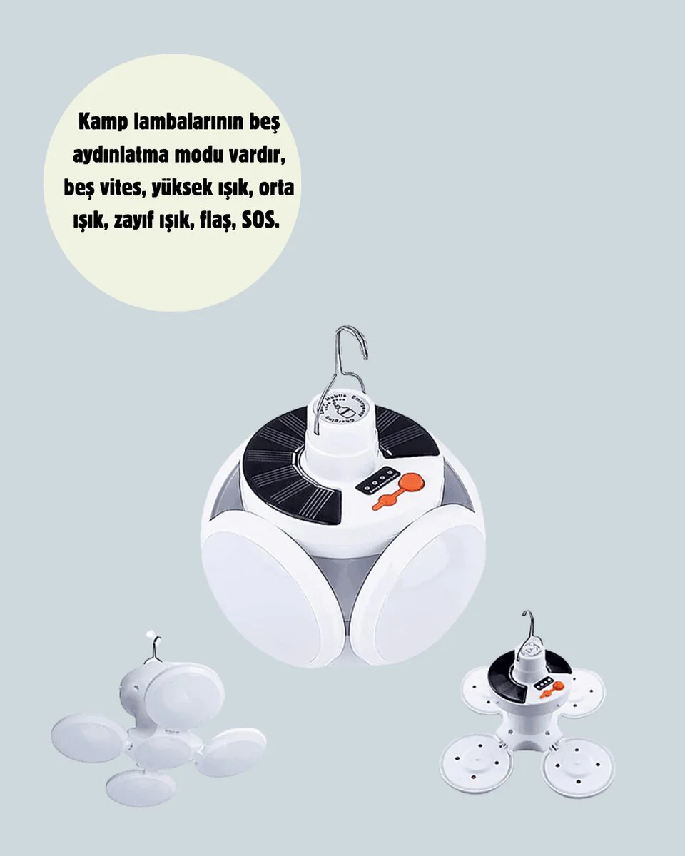 Güneş Paneliyle Şarj Olan Katlanabilir LED Çadır Lambası – 5 Kademeli Aydınlatma