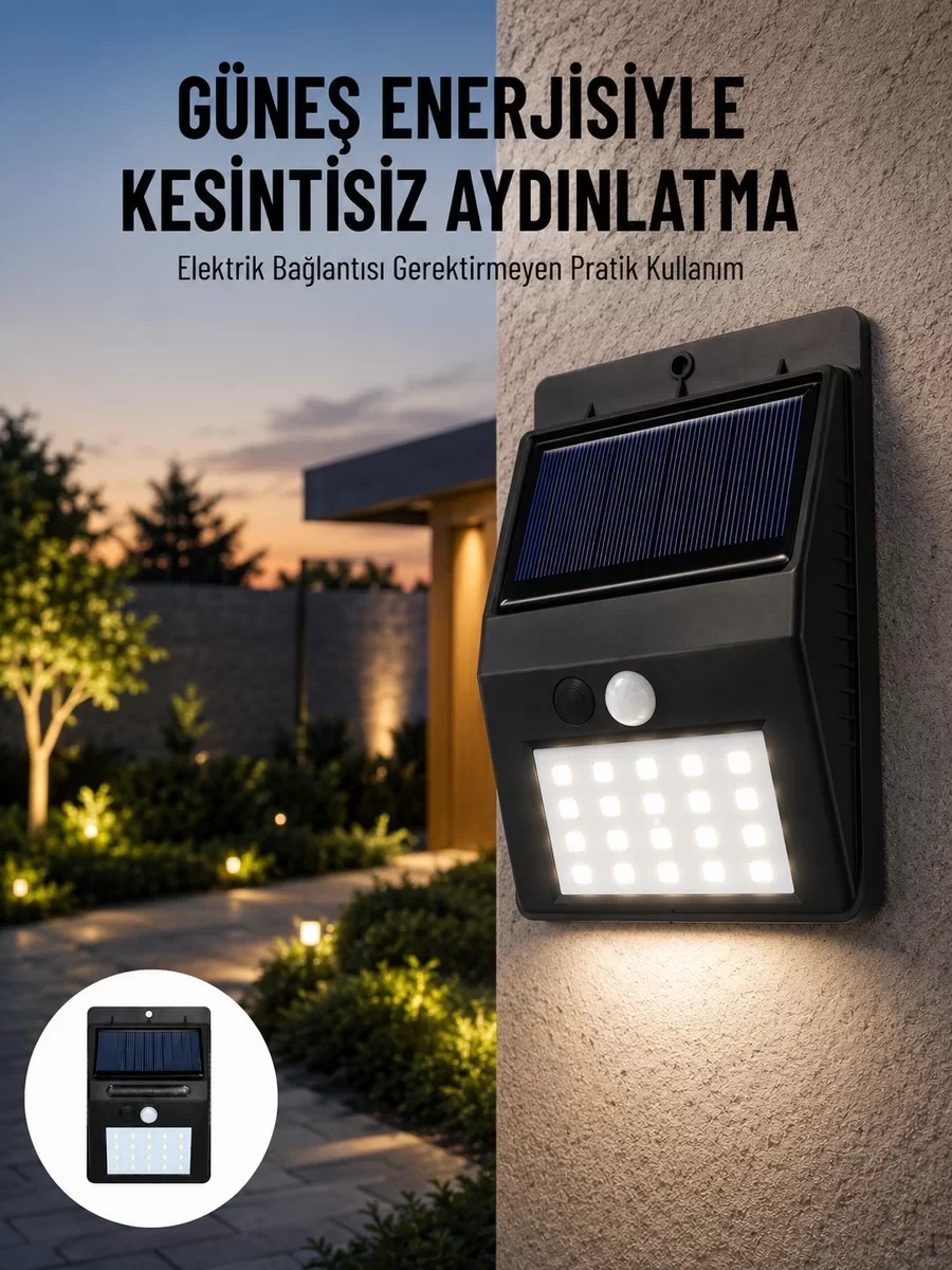 Güneşli 180 LED PIR Sensörlü Sokak Işığı - Yeni Nesil Bahçe Aydınlatması