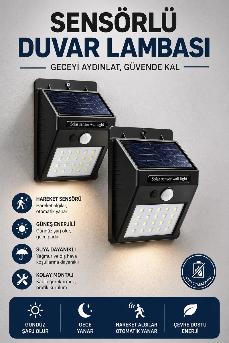Güneşli 20 LED'li Hareket Sensörlü Duvar Lambası - Akıllı ve Otomatik Bahçe Işığı
