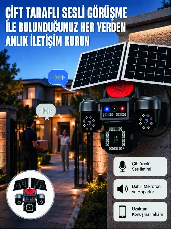 Güneşli 4G Akıllı Güvenlik Kamera - IP66 Koruma Sınıfı, LED Projektörlü