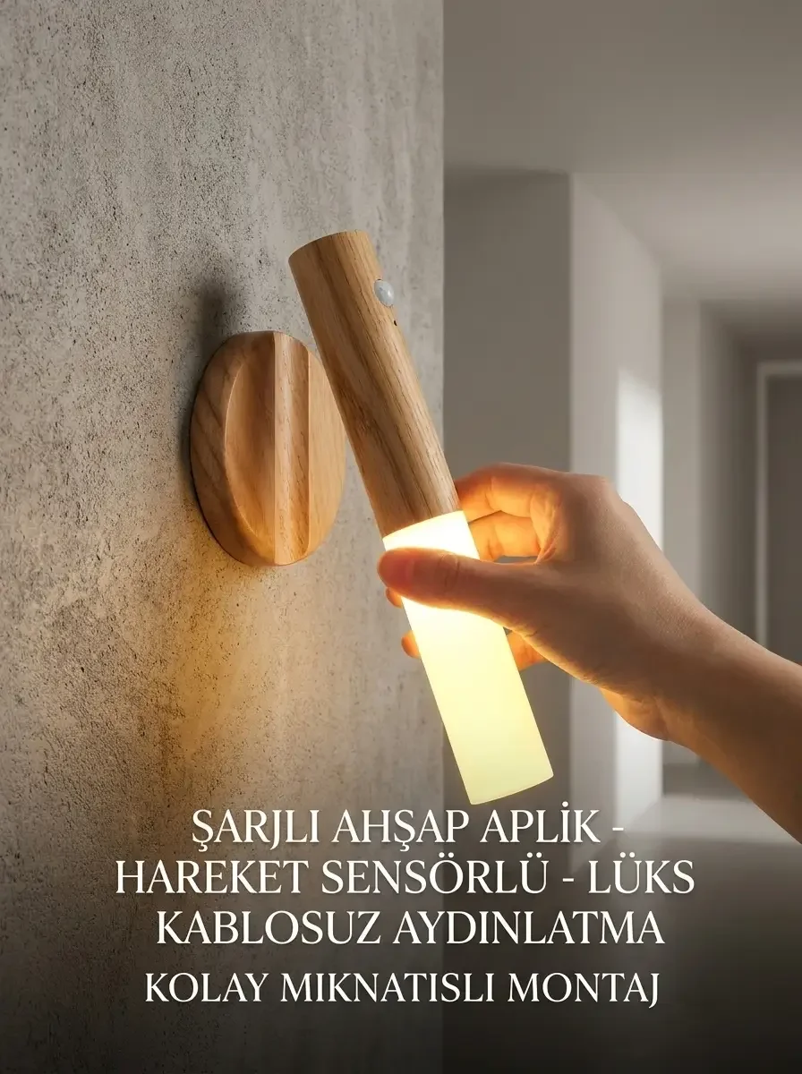 Günışığı LED Şarjlı Duvar Aplik Ahşap Renk Hareket Sensörlü Kablosuz Lüks Lamba Modeli
