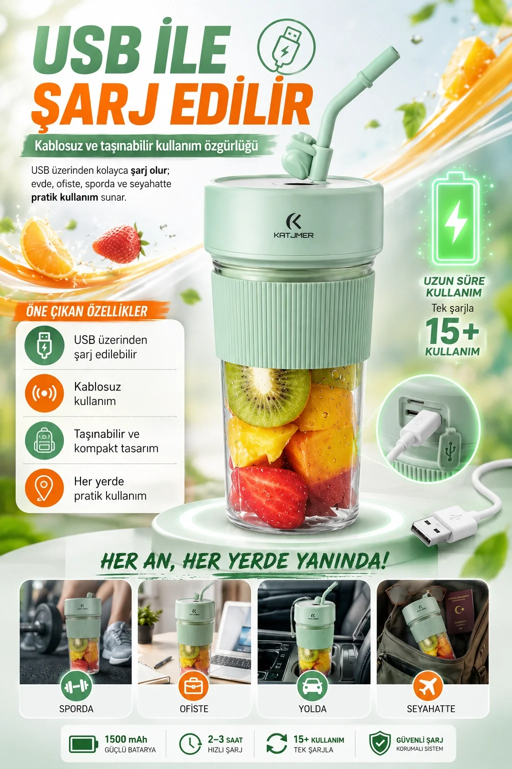 Günlük Kullanıma Uygun Şarjlı Meyve Sıkacağı Mini Blender Bardaklı Karıştırıcı