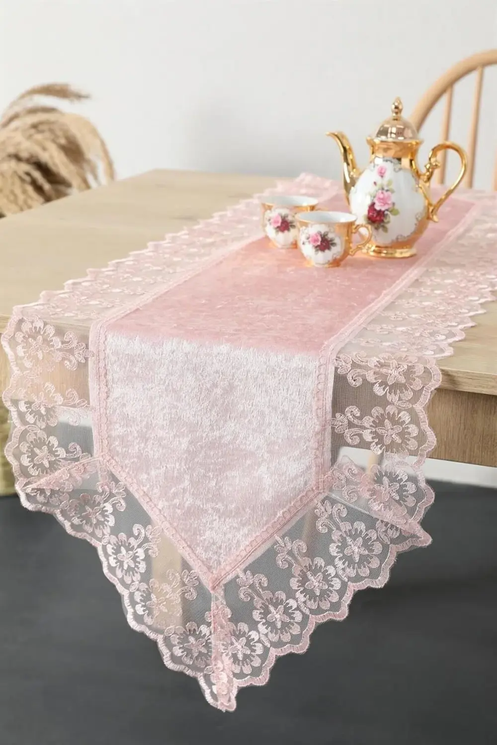 Güpürlü Kadife Runner - Pembe 1185222