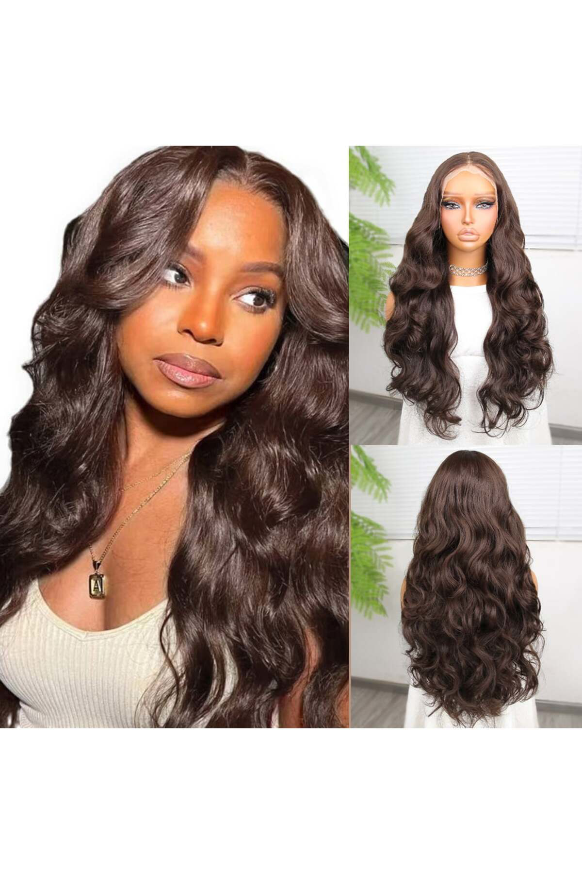 Oem Gür Yoğun Su Dalgalı Koyu Kumral Fiber Sentetik Uzun Tül Peruk