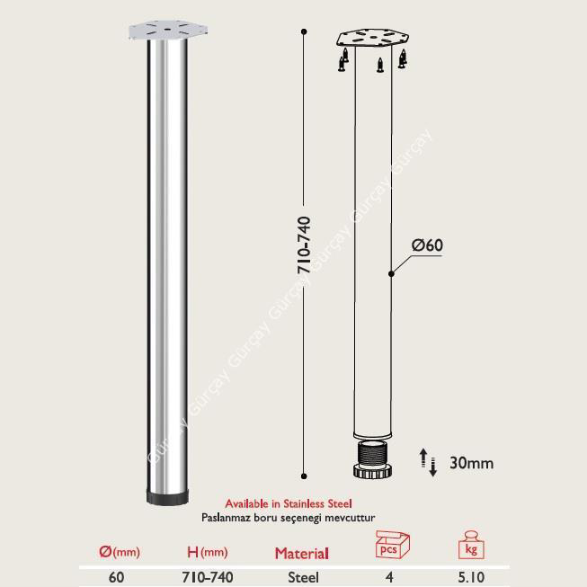 Gürçay Masa Ayağı 71cm Çap: 60mm 1 Adet Beyaz