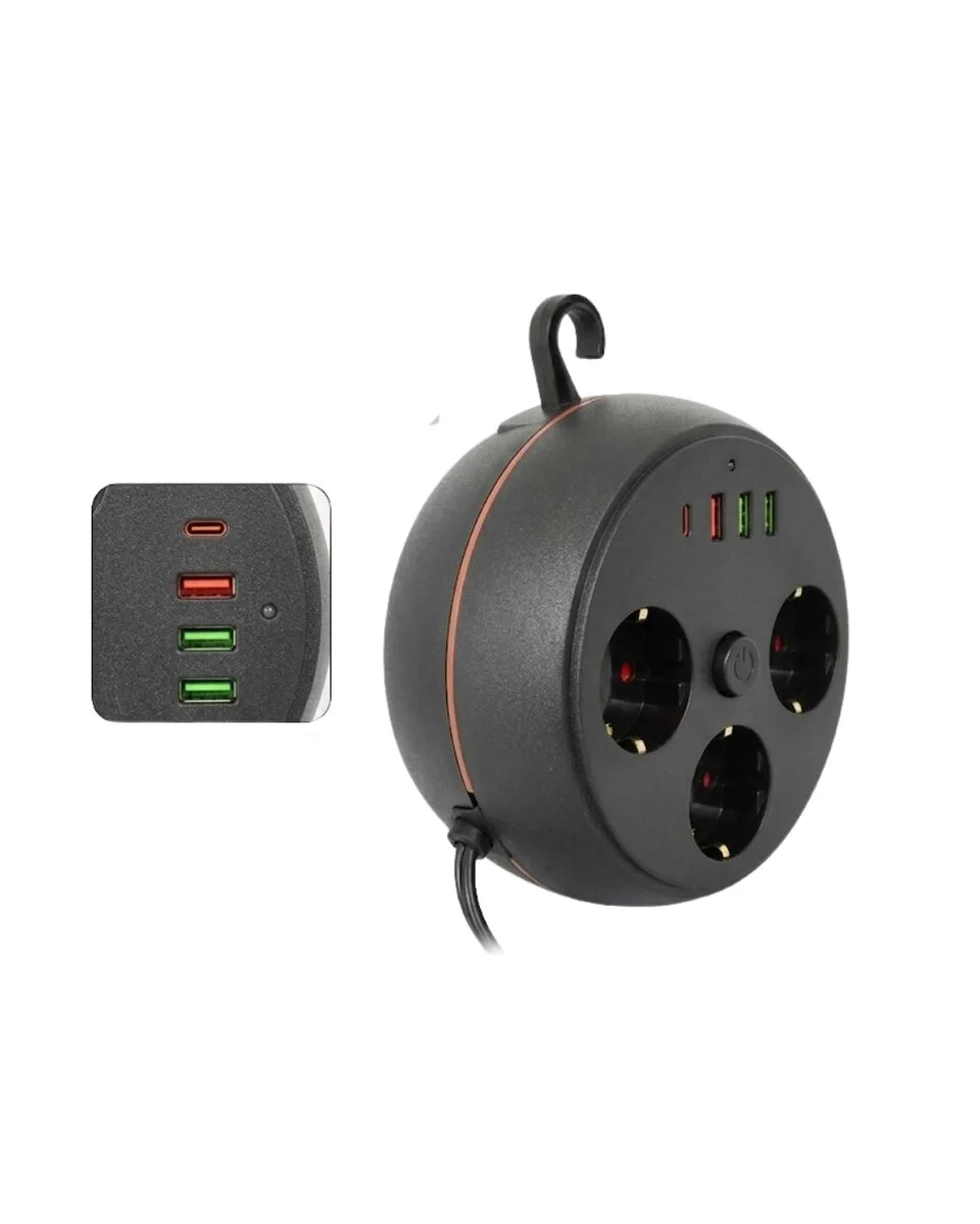 Güvenli Çoklu Priz 3 Priz 3 USB 1 Type C Termal Koruma Uzun Kablo