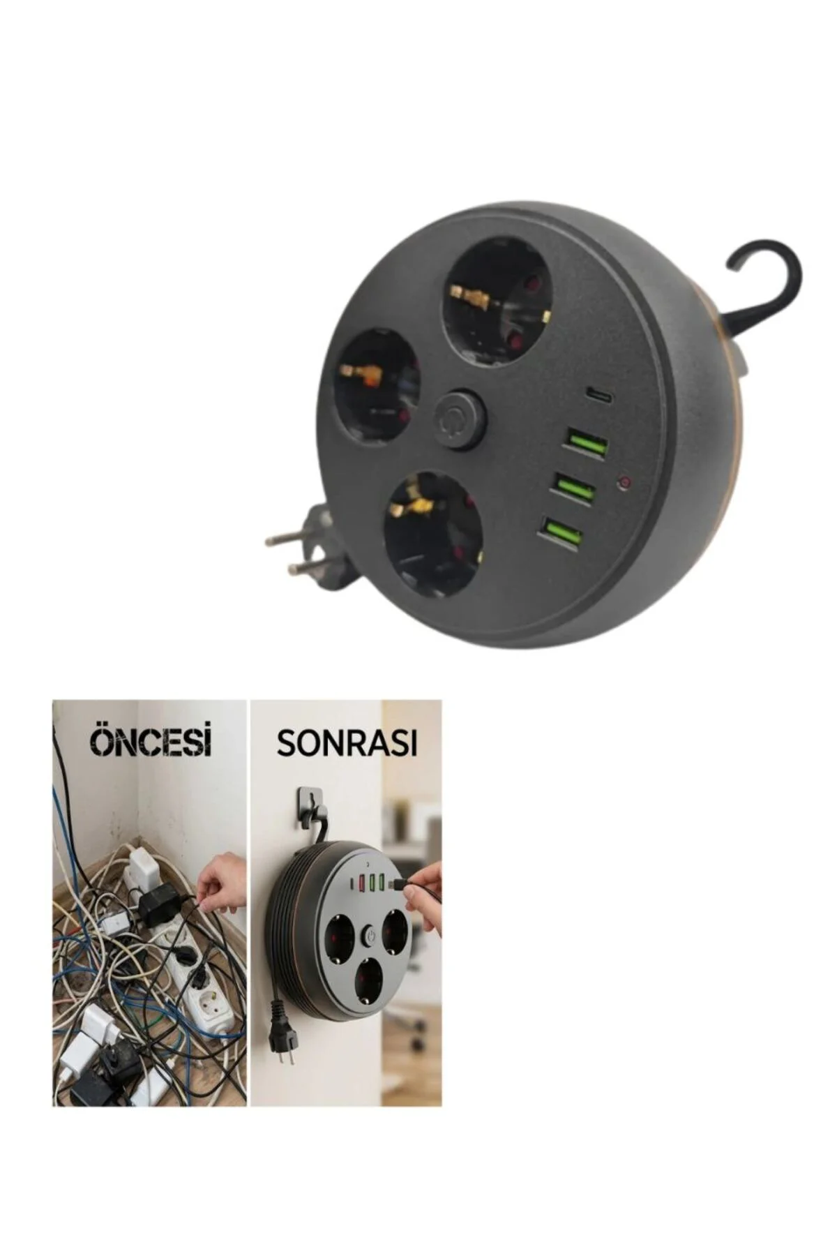 Güvenli Çoklu Priz 3 Priz 3 Usb 1 Type C Termal Koruma Uzun Kablo