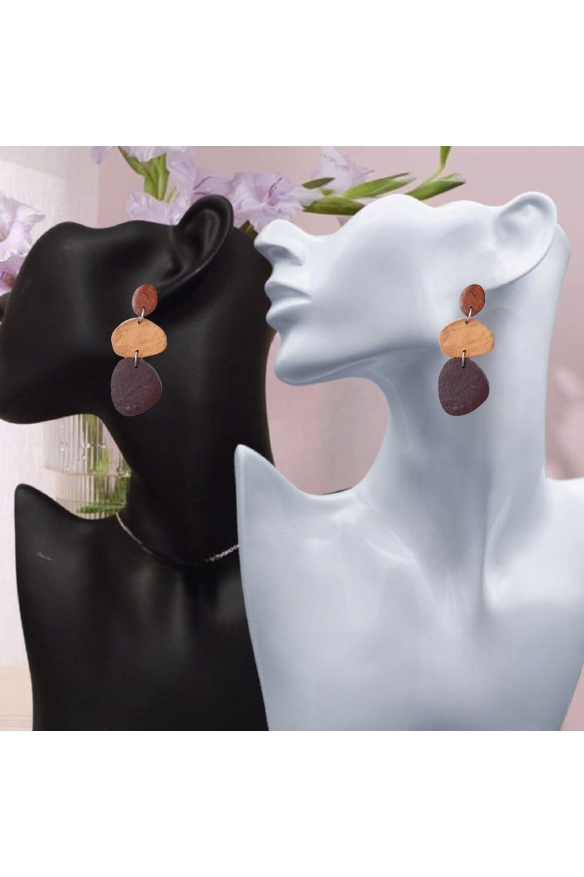 Güz Kahvesi Polimer Kil Tasarım Çivi Küpe