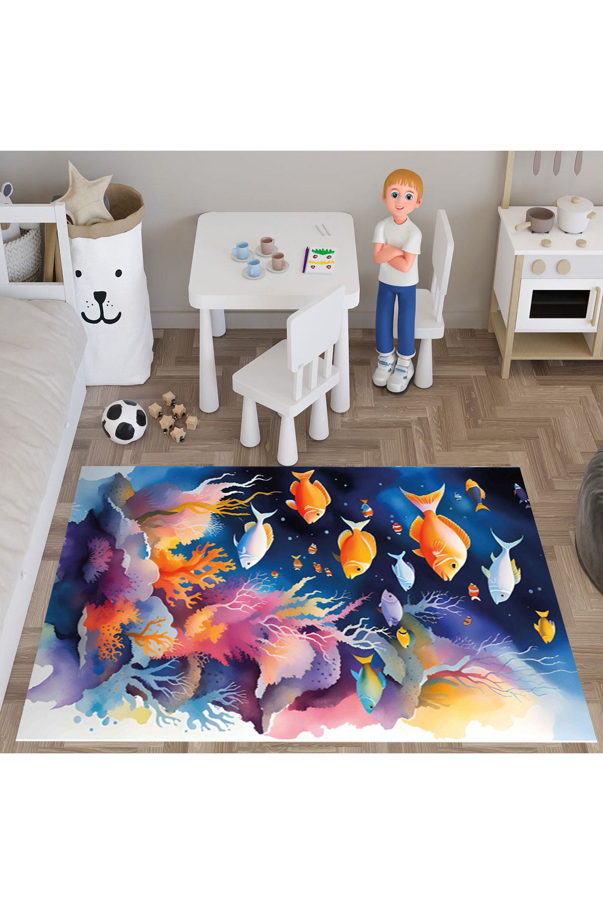 Evan Home Güzel Balık Desenli Çocuk Odası Takım Perde (İki Kanat),Yatak Örtüsü,Yastık,Kırlent ,Halı,