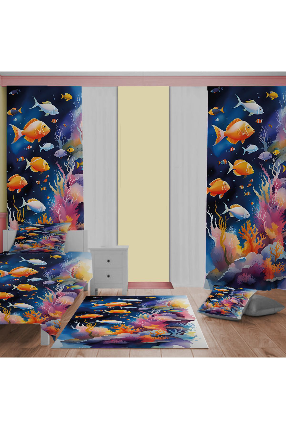 Evan Home Güzel Balık Desenli Çocuk Odası Takım Perde (İki Kanat),Yatak Örtüsü,Yastık,Kırlent ,Halı,