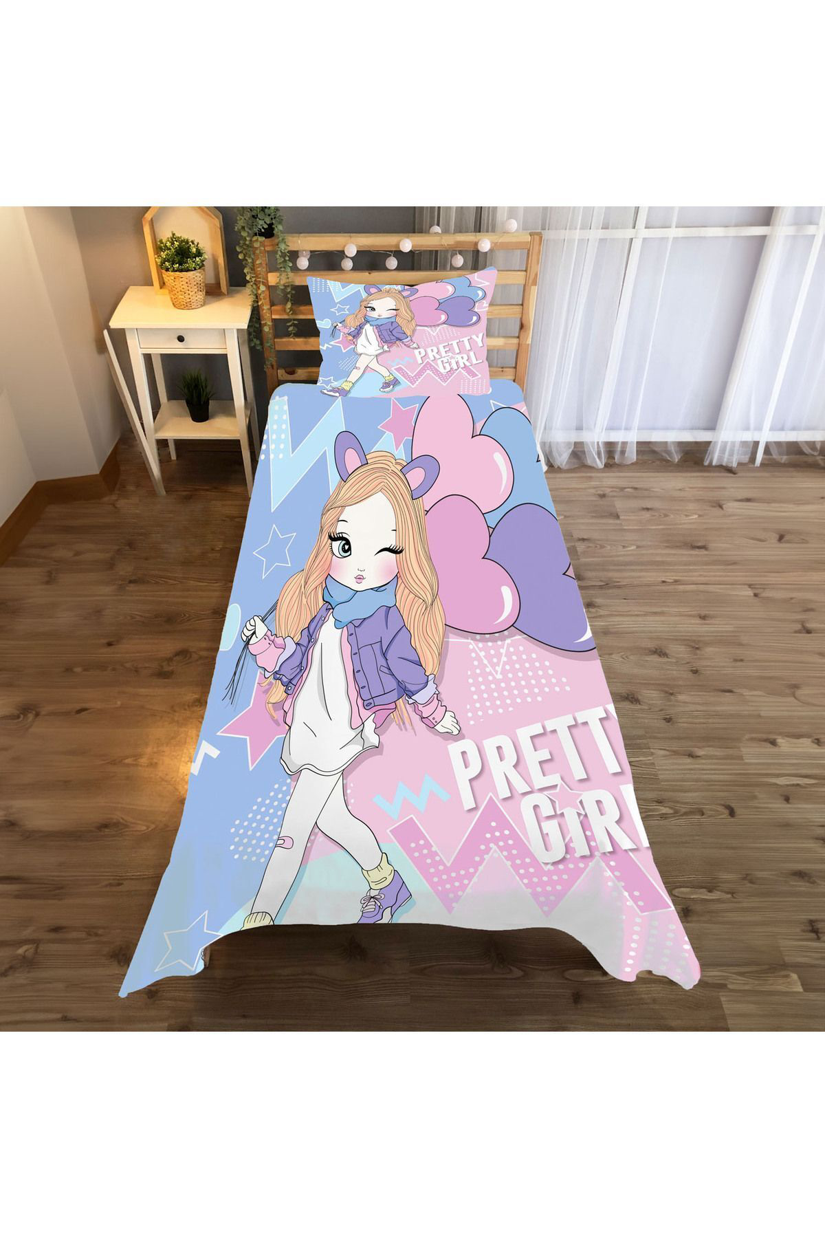 Evan Home Güzel Kiz Desenli Çocuk Odasi Takim Perde (İki Kanat),Yatak Örtüsü,Yastik,Kirlent ,Hali,Tablo