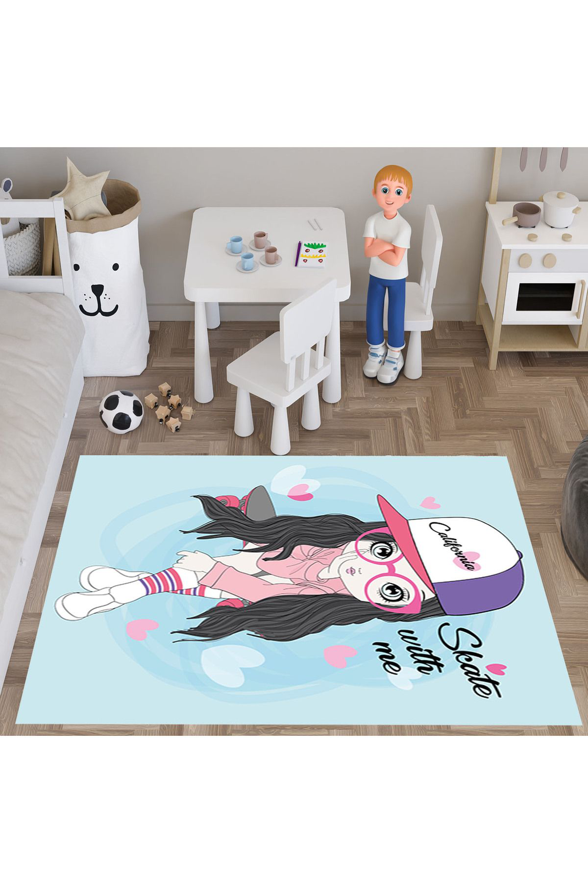 Evan Home Güzel Kiz Desenli  Dijital Baski Yikanabilir Kaymaz Taban Çocuk Odasi Halisi