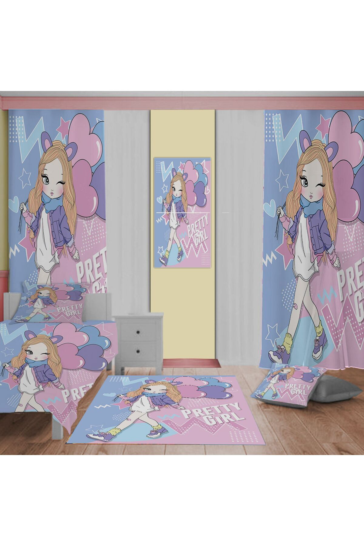Evan Home Güzel Kiz Desenli Çocuk Odasi Takim Perde (İki Kanat),Yatak Örtüsü,Yastik,Kirlent ,Hali,Tablo
