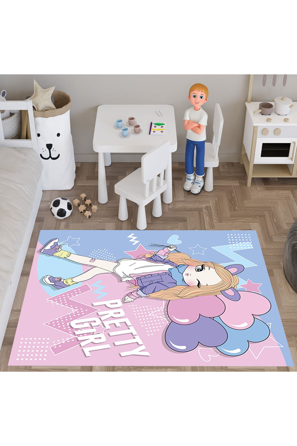 Evan Home Güzel Kiz Desenli  Dijital Baski Yikanabilir Kaymaz Taban Çocuk Odasi Halisi