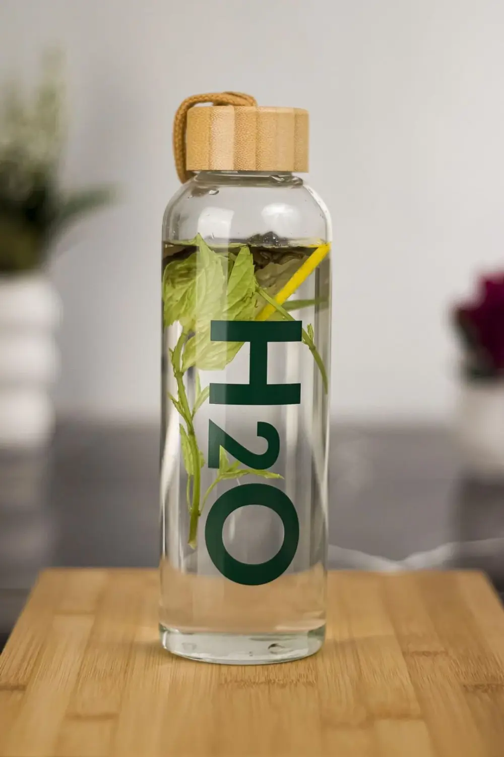 H2o Borosilikat Cam Matara Bambu Vakum Kapaklı Su Şişesi Suluk (K