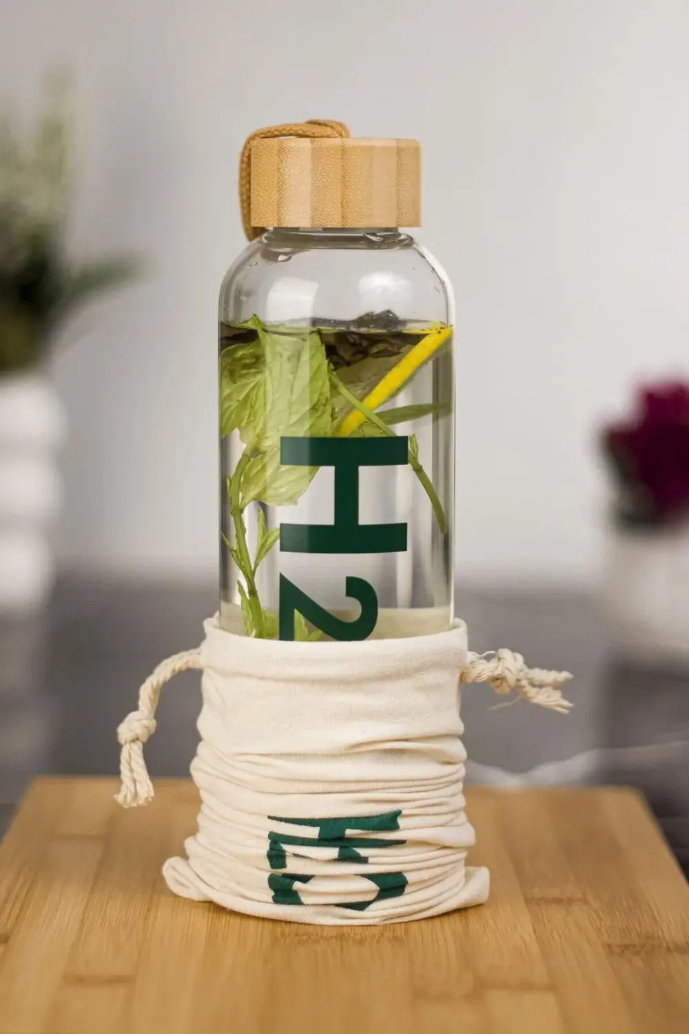 H2o Borosilikat Cam Matara Bambu Vakum Kapaklı Su Şişesi Suluk (K