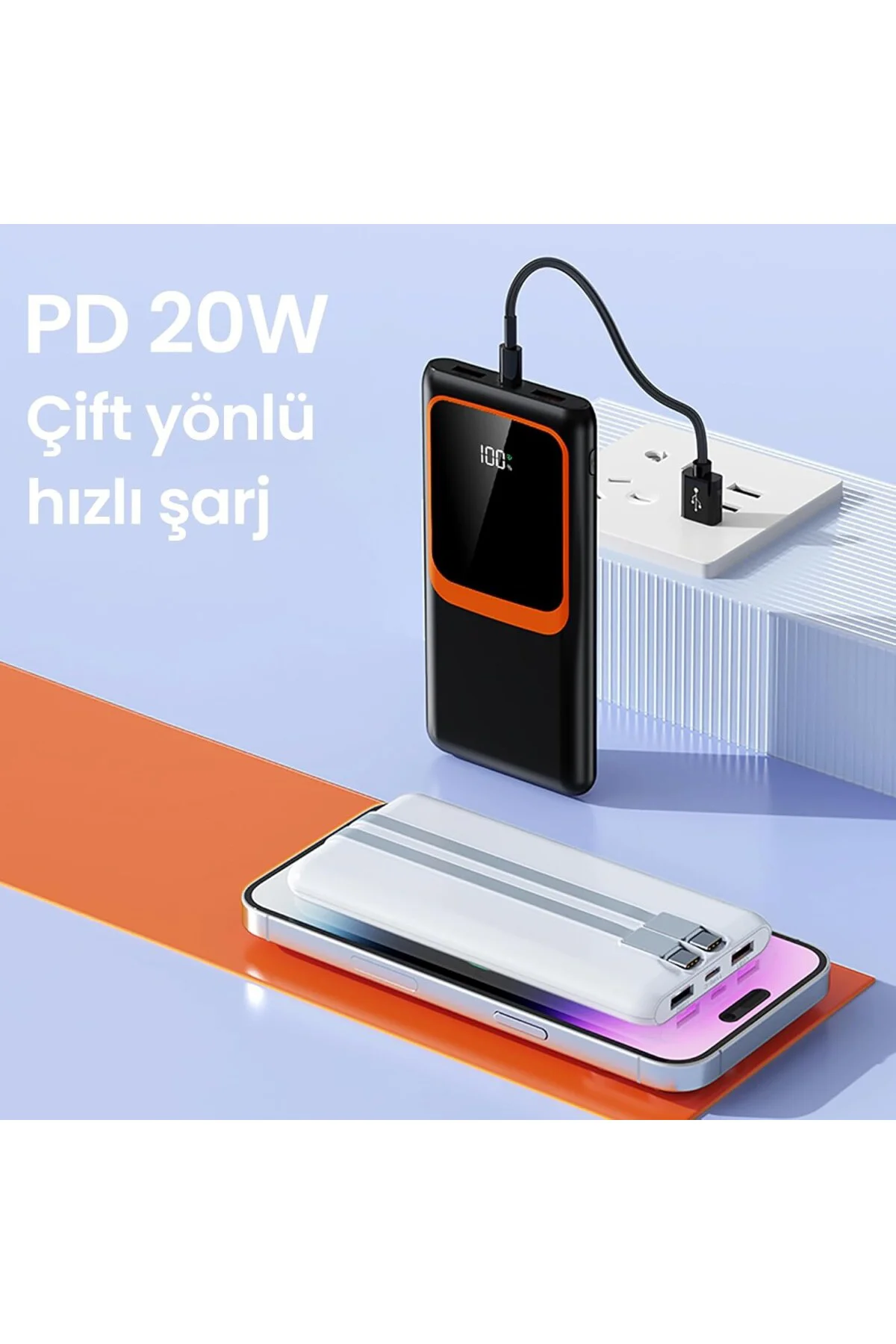 H31 Powerbank 20000 mAh – PD 20W + USB 22.5W Hızlı Şarj, Dahili T H31 Powerbank 20000 mAh – PD 20W + USB 22.5W Hızlı Şarj, Dahili T