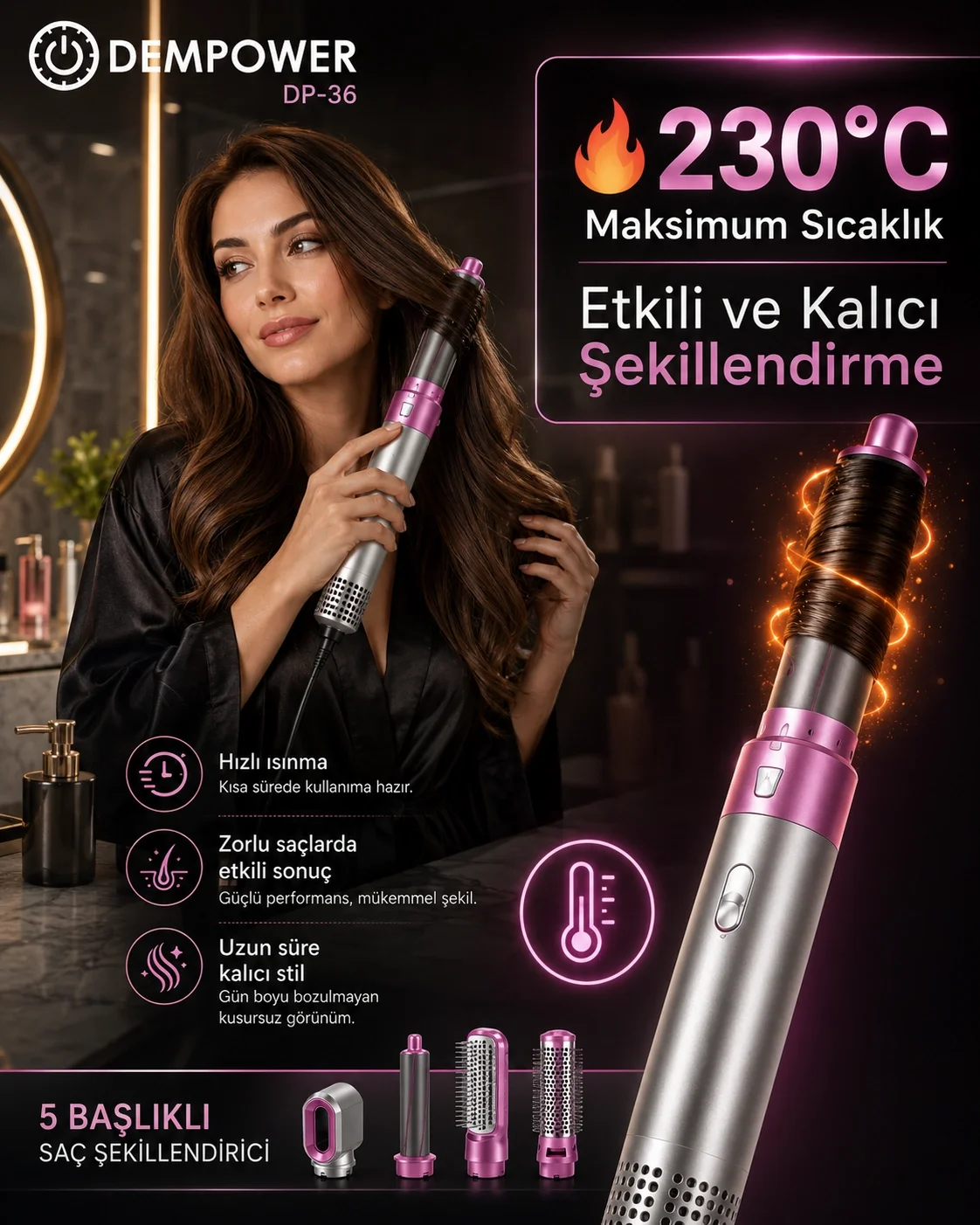 Hacimli Fön, Dalgalı Saç ve Bukle İçin 5 Başlıklı Çok Amaçlı Saç 