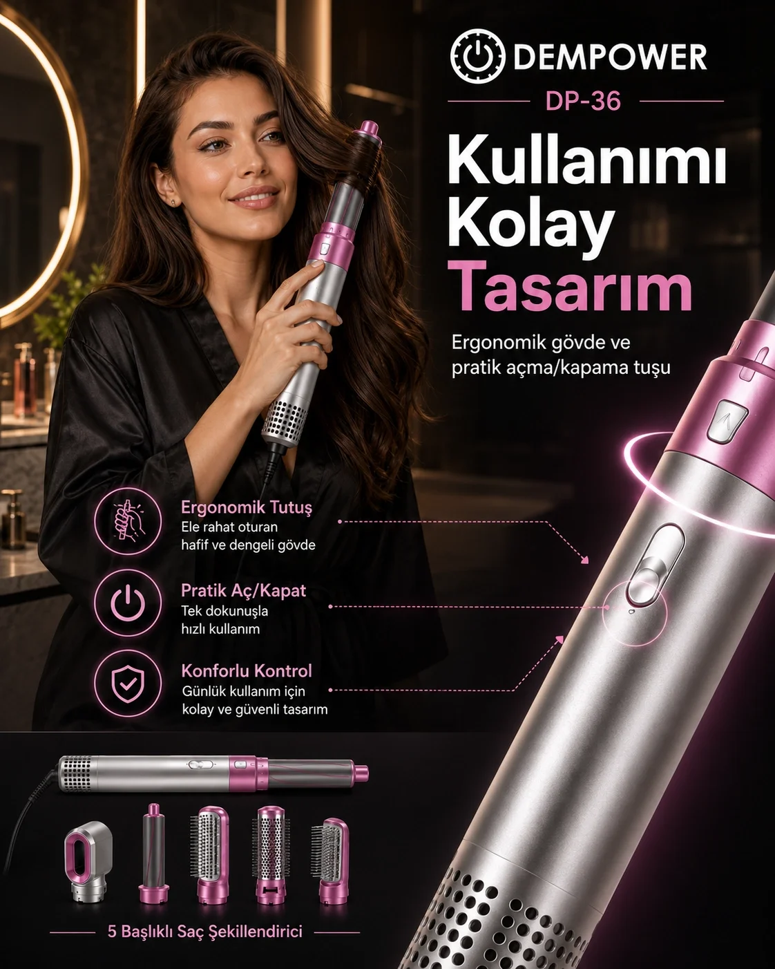Hacimli Fön, Dalgalı Saç ve Bukle İçin 5 Başlıklı Çok Amaçlı Saç 