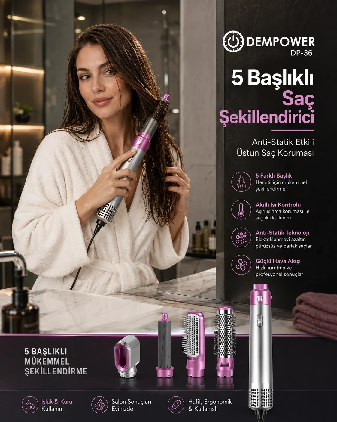 Hacimli Fön, Dalgalı Saç ve Bukle İçin 5 Başlıklı Çok Amaçlı Saç 