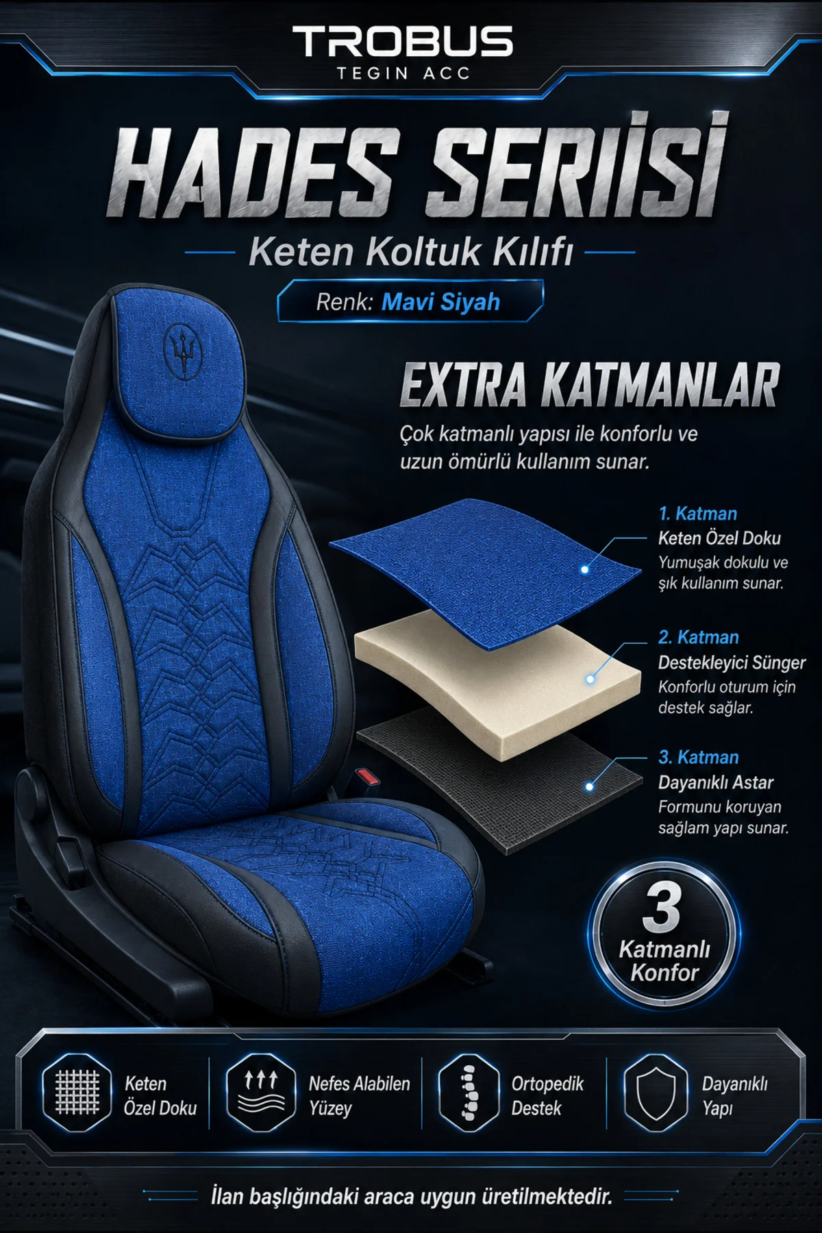 Hades Serisi Keten Oto Koltuk Kılıfı Mavi Siyah Fiyatı, Yorumları ve Özellikleri