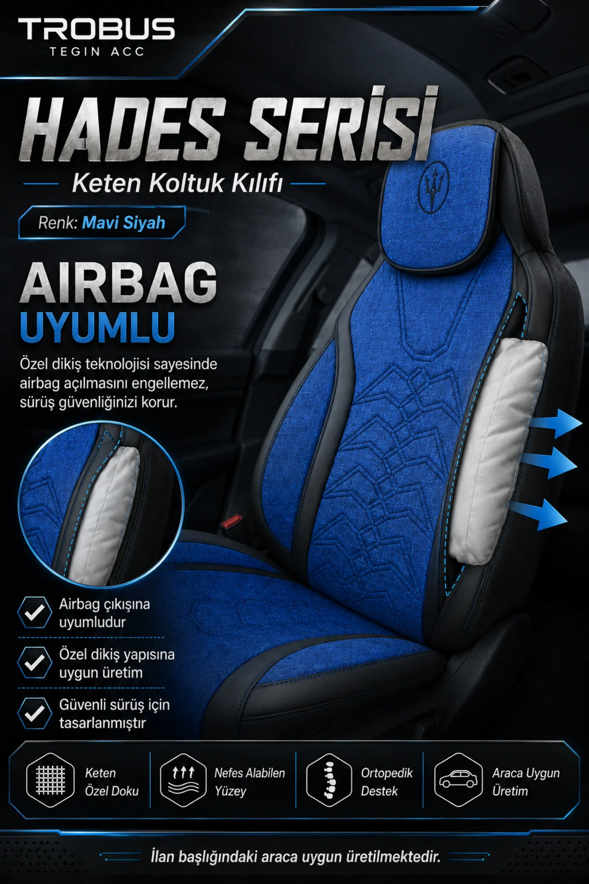 Hades Serisi Keten Oto Koltuk Kılıfı Mavi Siyah Fiyatı, Yorumları ve Özellikleri