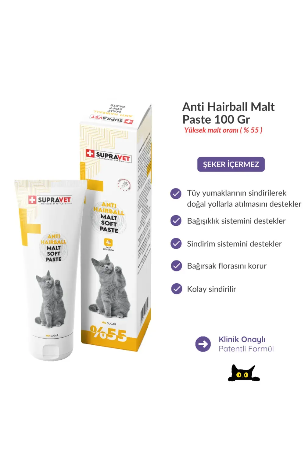 Supravet Hairball Malt Paste Kediler İçin Tüy Yumağı Önleyen Malt Macun 10