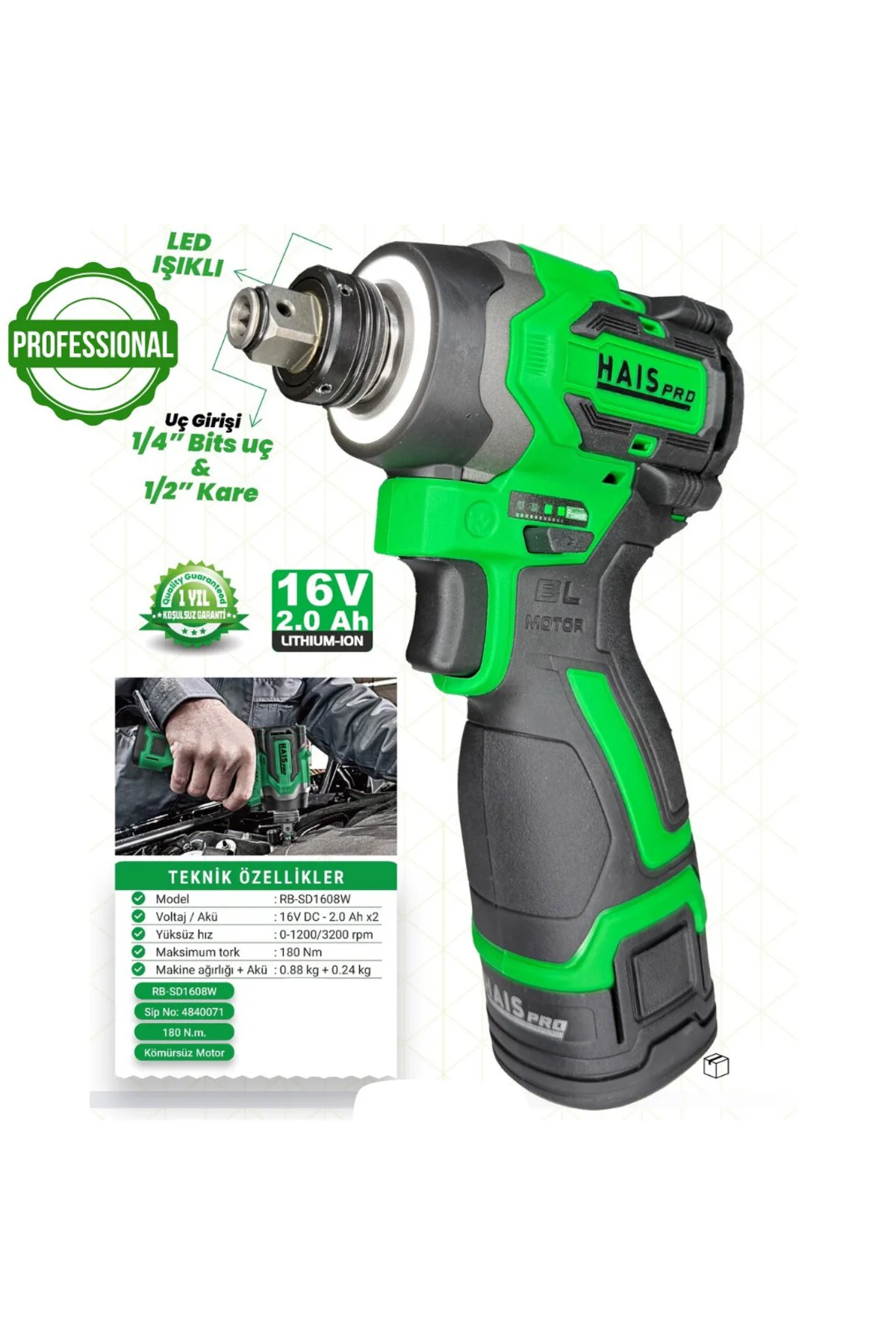 HaisPro 180 Nm Tork Akülü Somun Sıkma - Profesyonel Akülü Vidalam