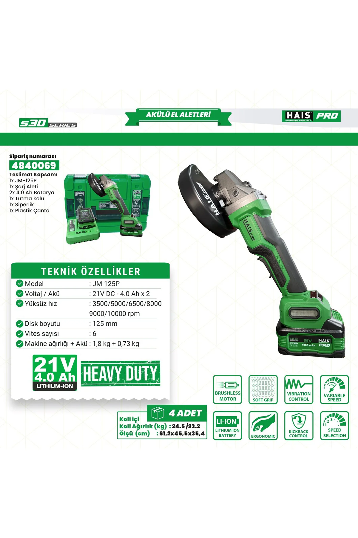 HaisPro Akülü Avuç Taşlama Makinesi 2x4 Ah Çift Akü S30 Rb-125p