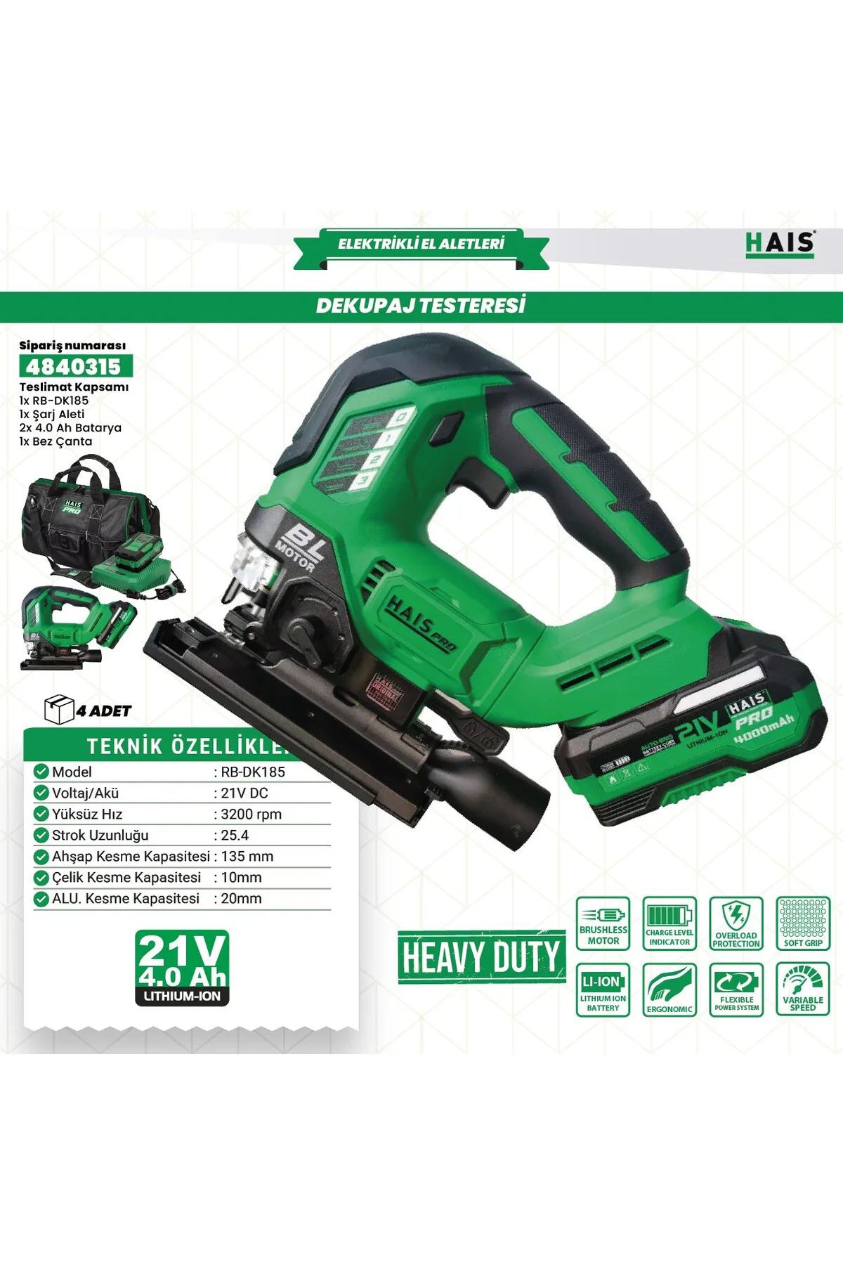 HaisPro Akülü Dekupaj Testeresi RB-DK185 Çift Akülü