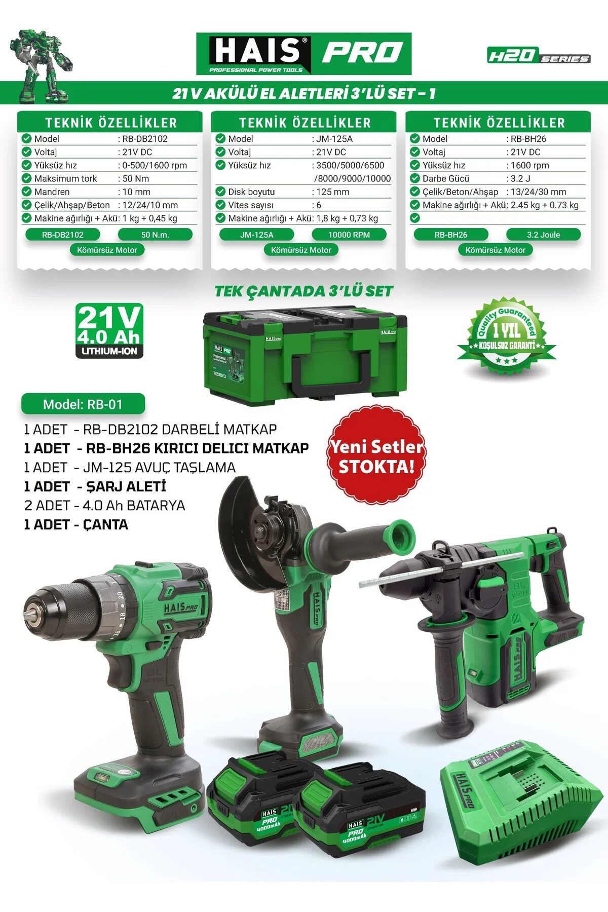 HaisPro Akülü Set - 3'lü Profesyonel Akülü Set + 2X4 Ah Çift Akü 