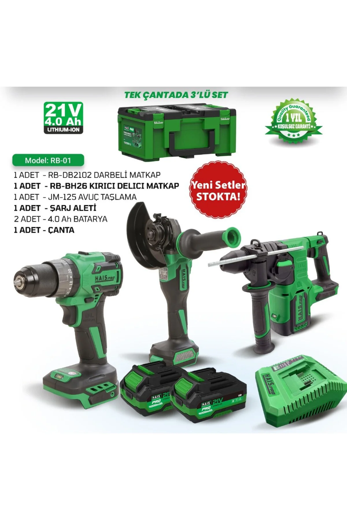 HaisPro Akülü Set - 3'lü Profesyonel Akülü Set + 2X4 Ah Çift Akü 