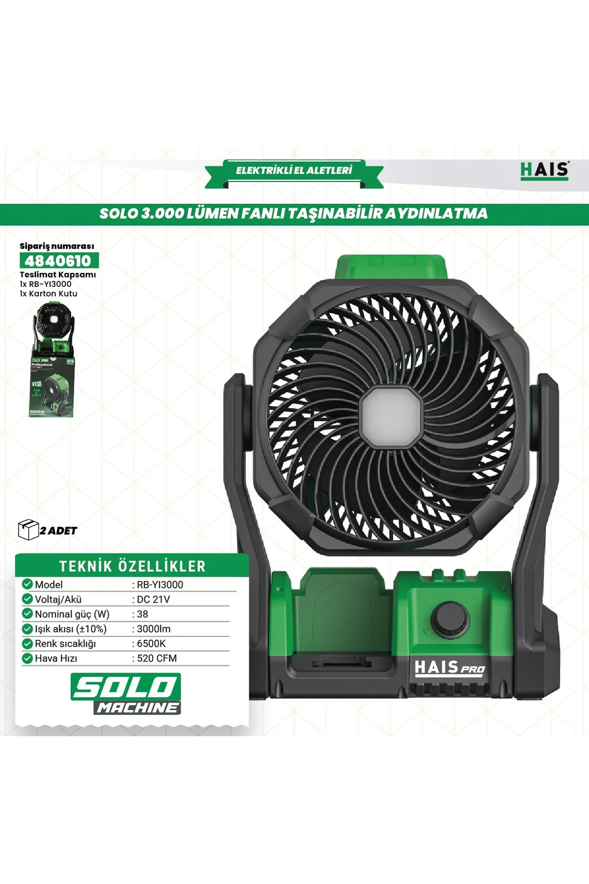 HaisPro Akülü Solo Fanlı Led Projektör Rb-yi3000