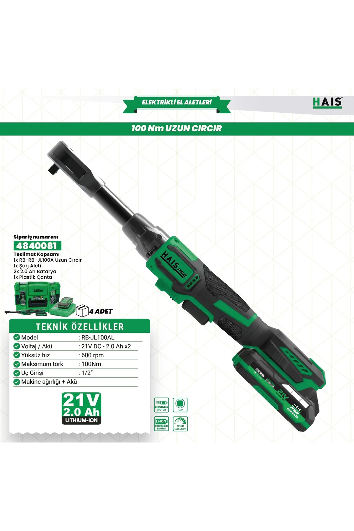HaisPro Akülü Uzun Cırcır 100 NM RB-JL100AL Çift Akülü HaisPro Akülü Uzun Cırcır 100 NM RB-JL100AL Çift Akülü