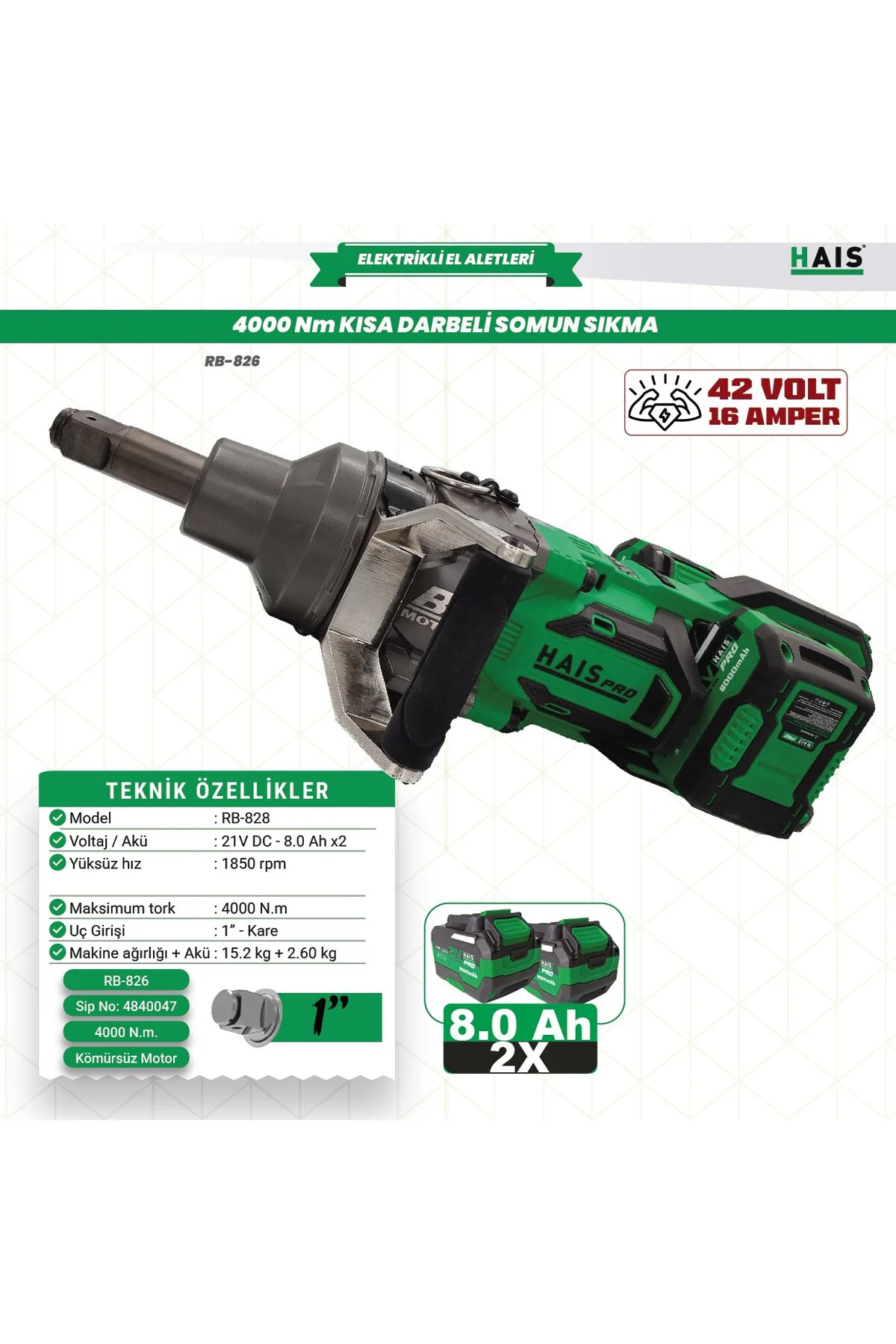 HaisPro Profesyonel Darbeli Somun Sıkma 4000 Nm 21 V RB-828 Kısa 