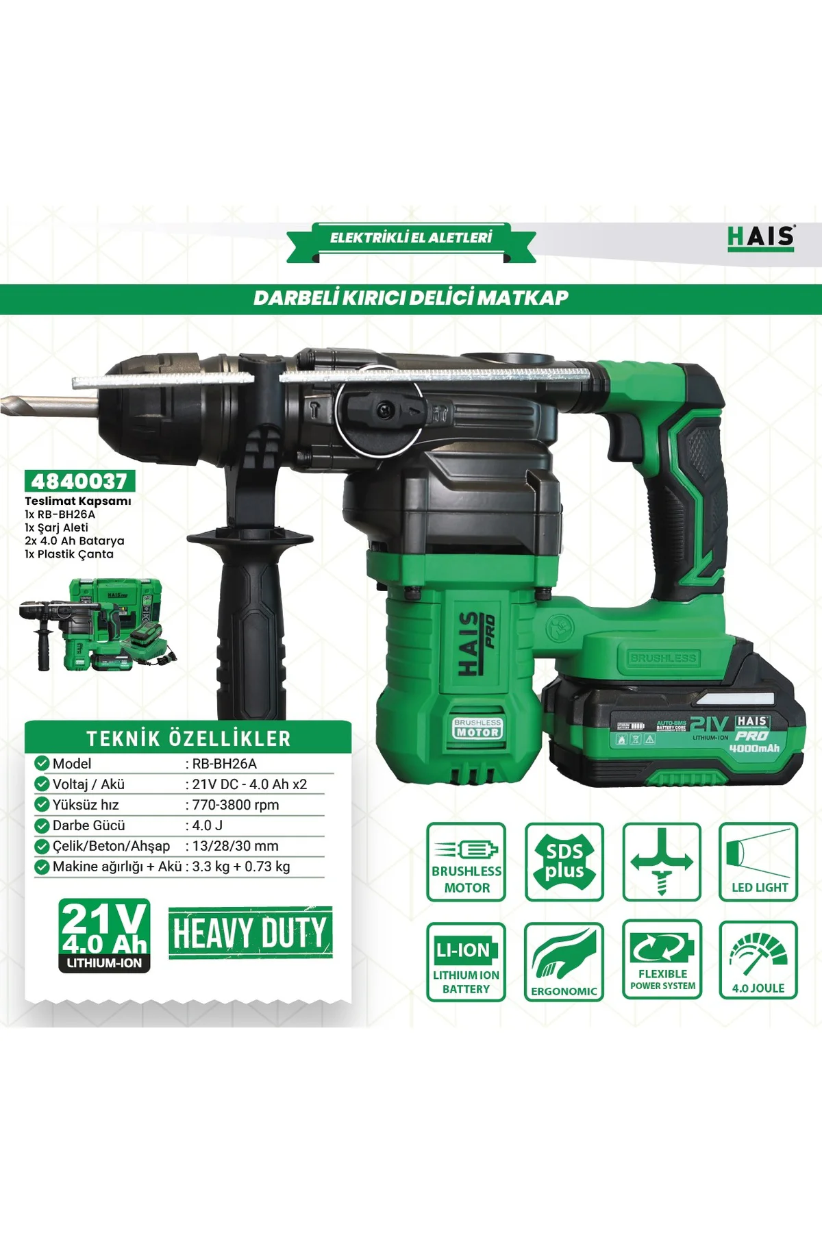 Haispro RB-BH26A Profesyonel Darbeli Akülü Kırıcı-Delici Matkap 2
