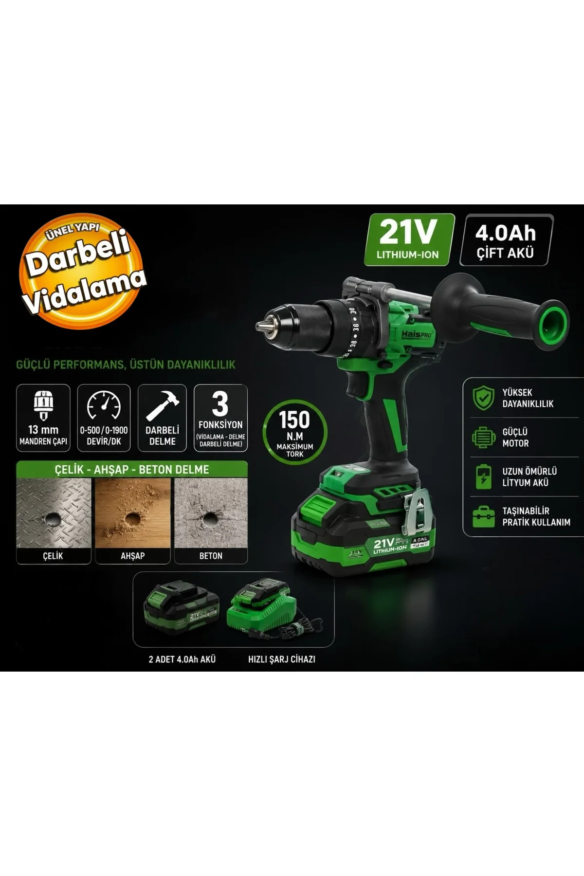 HaisPro RB-DB2109 Profesyonel Darbeli Matkap 21 V 4.0 Ah Çift Akü