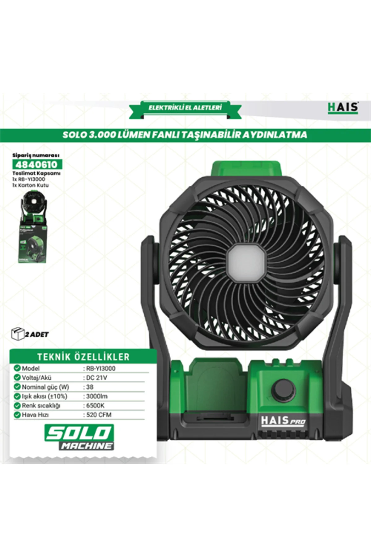 HaisPro RB-Yİ3000 - 3000 Lümen Fanlı Taşınabilir Aydınlatma - Akü