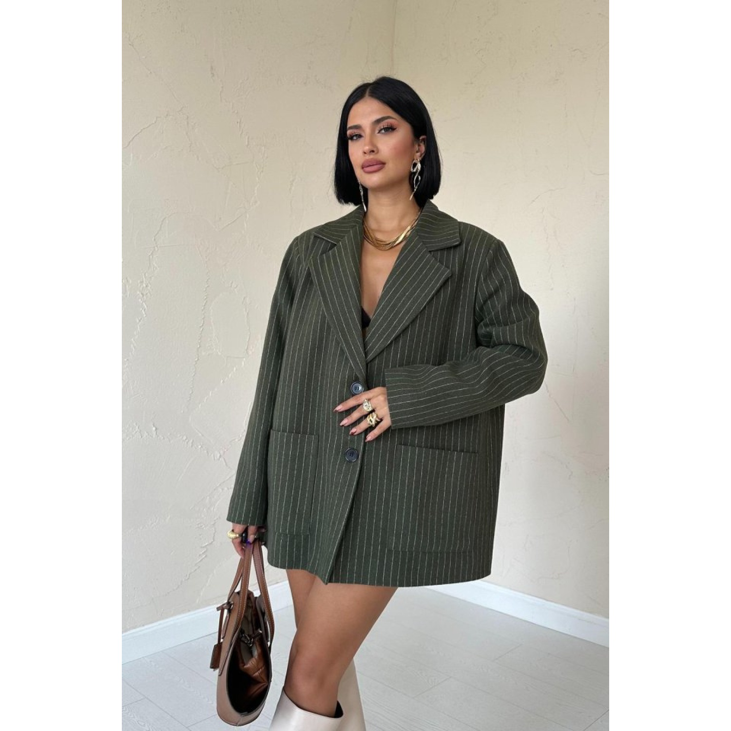 Haki Çizgili Oversize Ceket