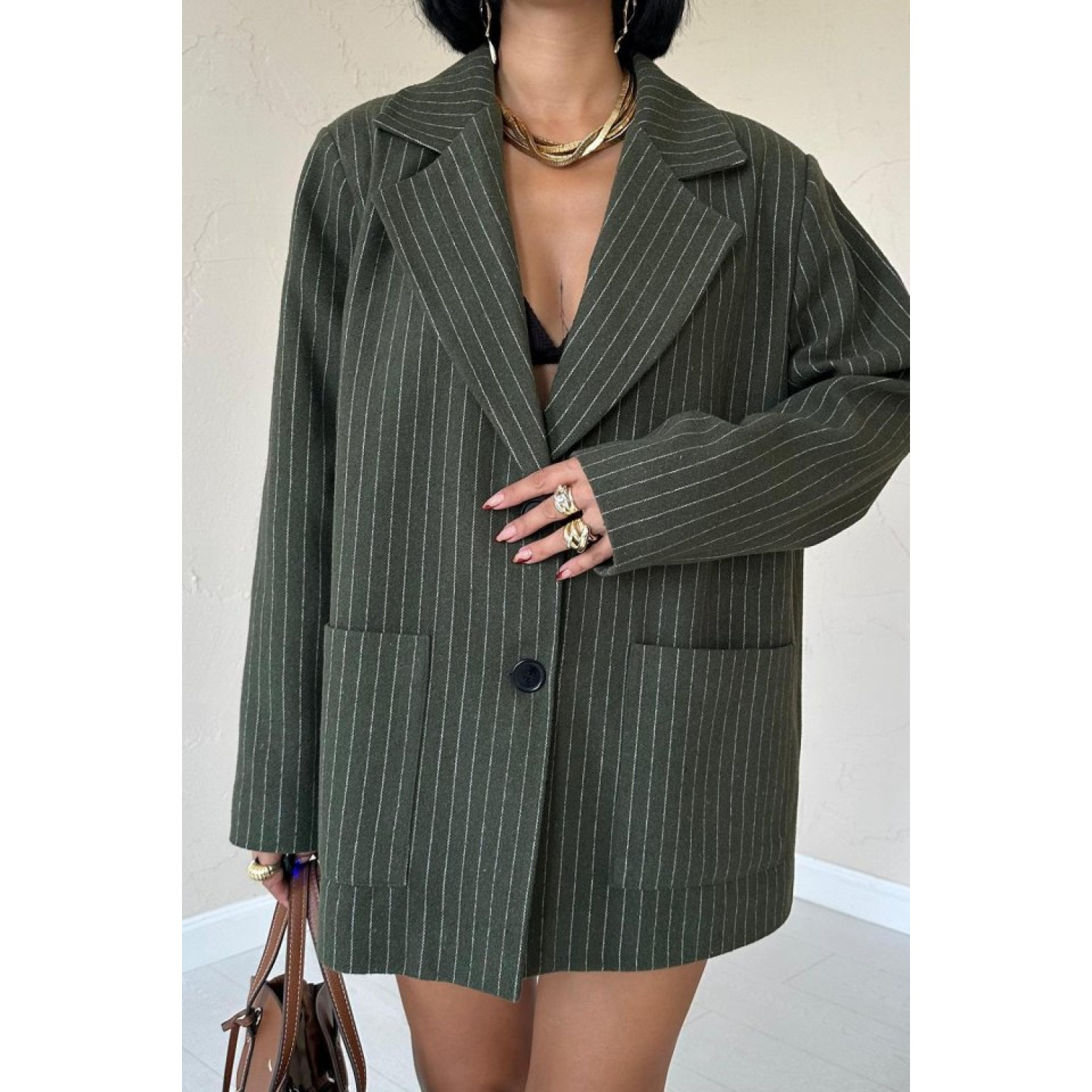 Haki Çizgili Oversize Ceket