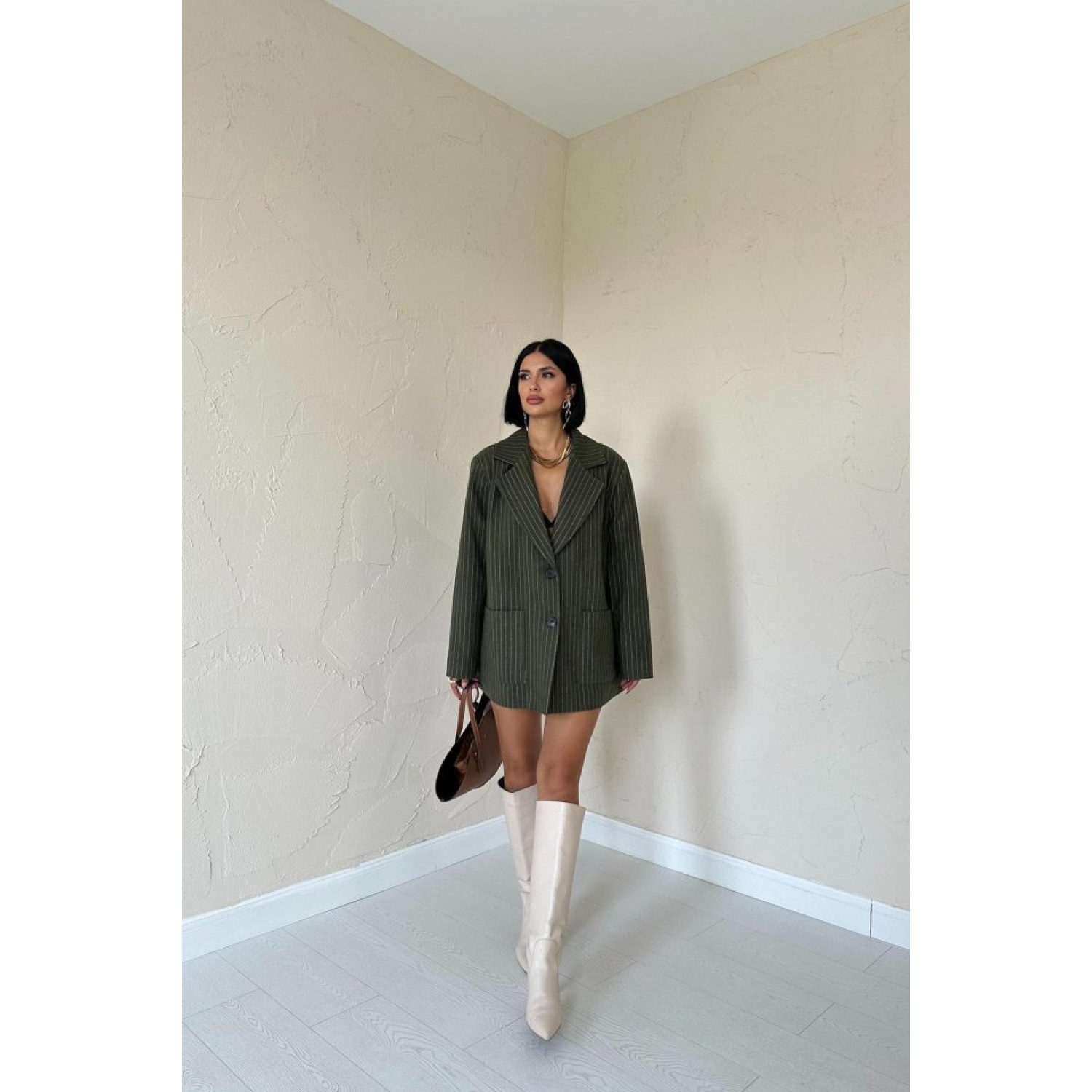 Haki Çizgili Oversize Ceket