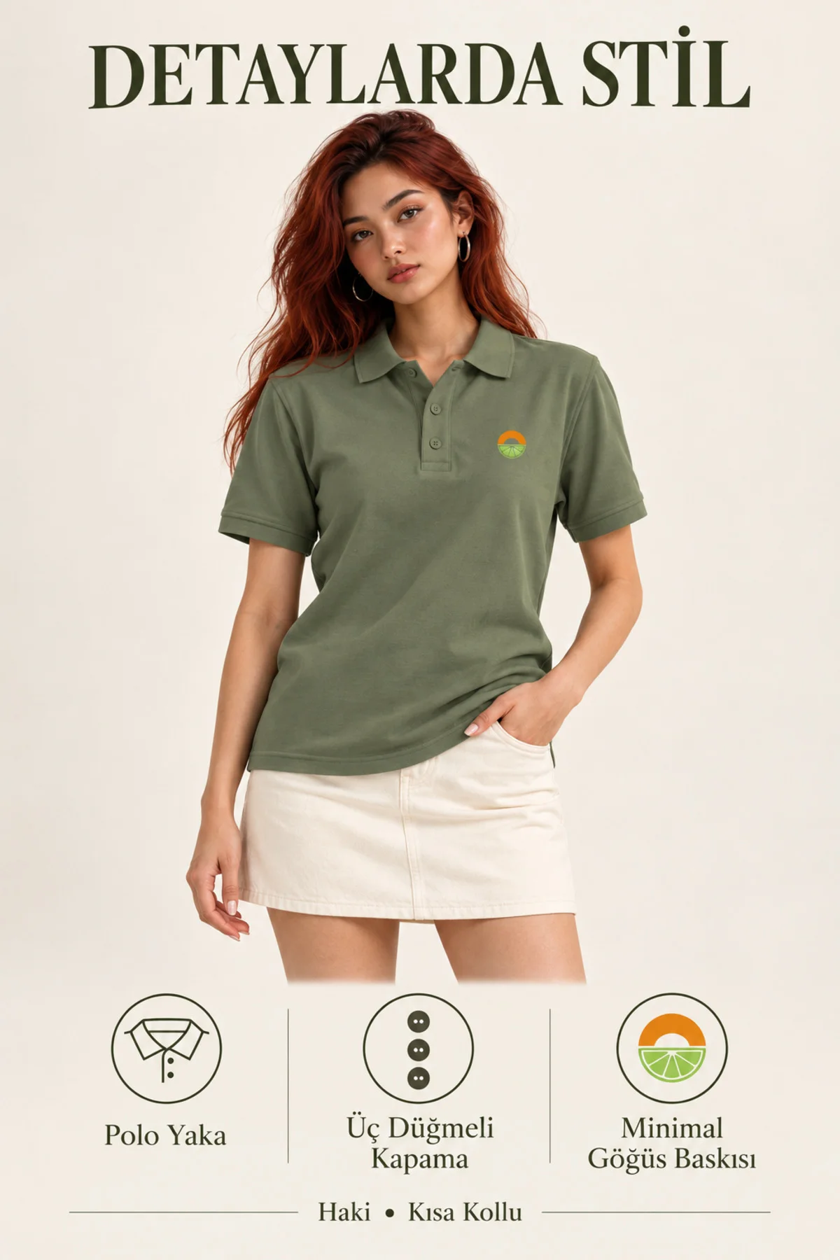 Haki Minimalist Logolu Polo Yaka Kısa Kollu Tişört