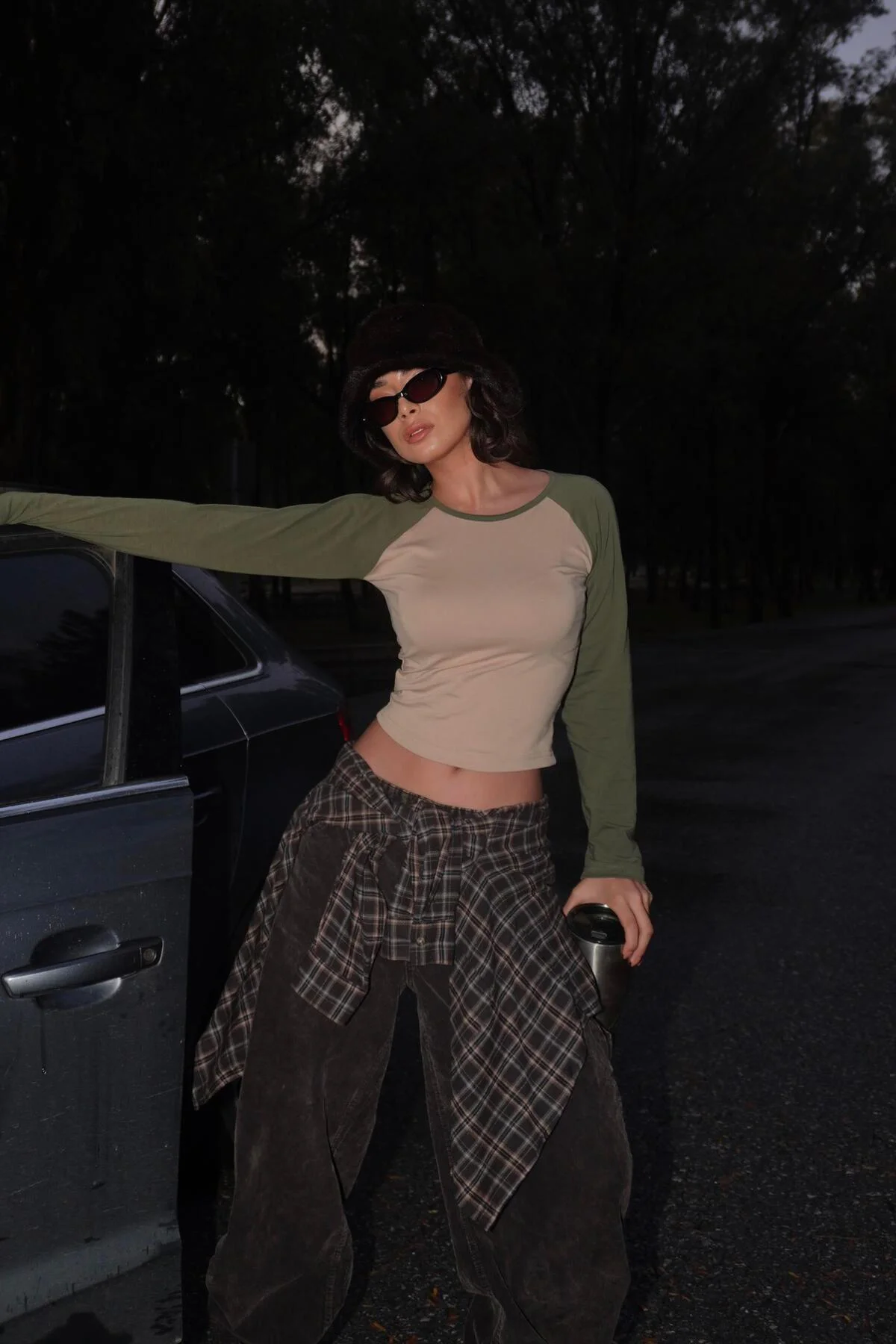 Haki Raglan Kollu Bej Basic Uzun Kollu Crop Haki Raglan Kollu Bej Basic Uzun Kollu Crop