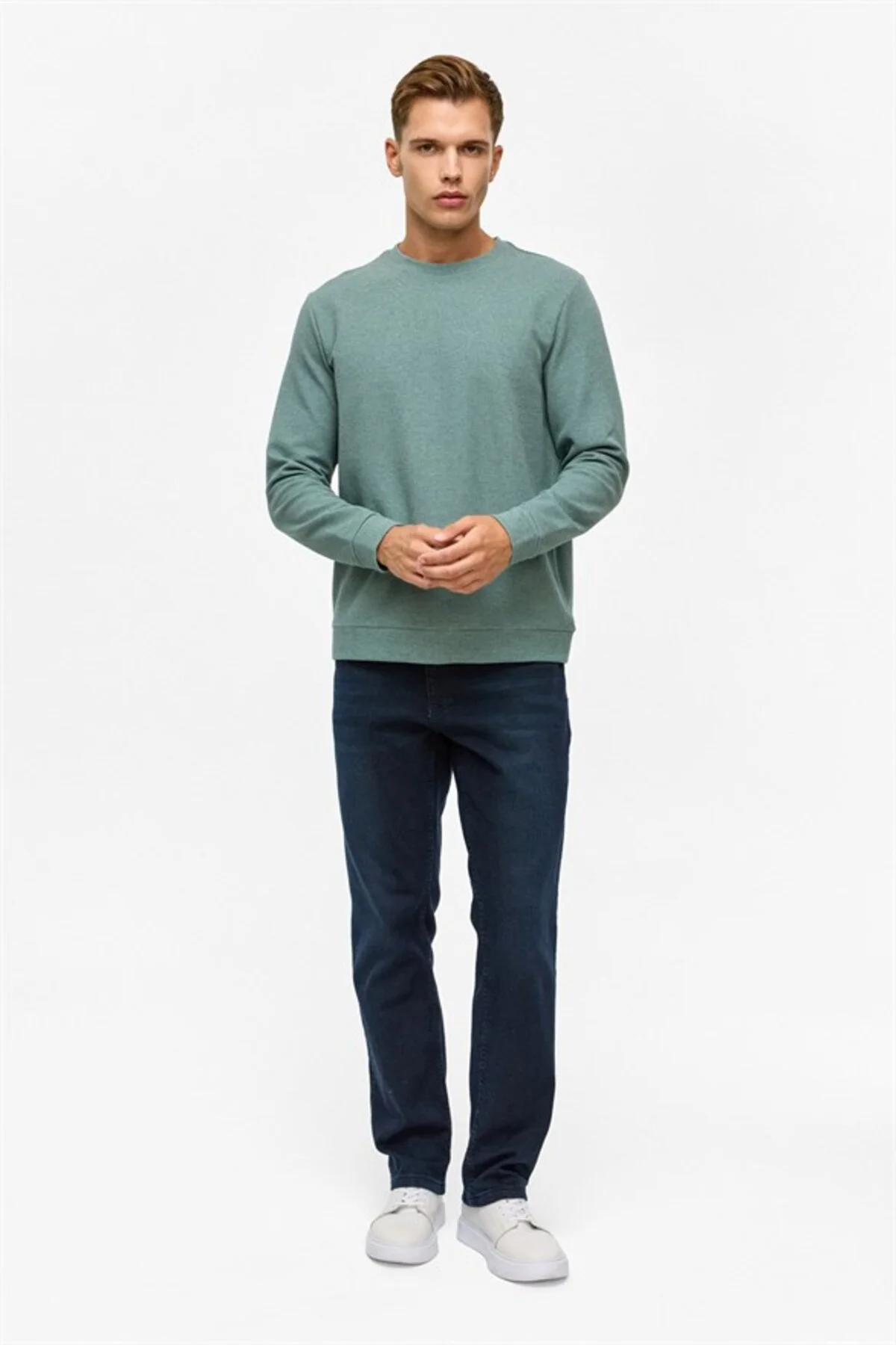 Haki Regular Düz Bisiklet Yaka Sweatshirt
