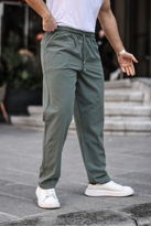 Haki Renk Erkek Yazlık Keten Karışımı Relaxed Pantolon - HAKİ