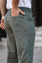 Haki Renk Erkek Yazlık Keten Karışımı Relaxed Pantolon - HAKİ