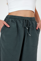 Haki Renk Kadın Yazlık Keten Karışımı Relaxed Pantolon - HAKİ