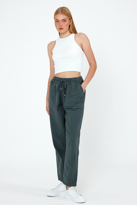 Haki Renk Kadın Yazlık Keten Karışımı Relaxed Pantolon - HAKİ